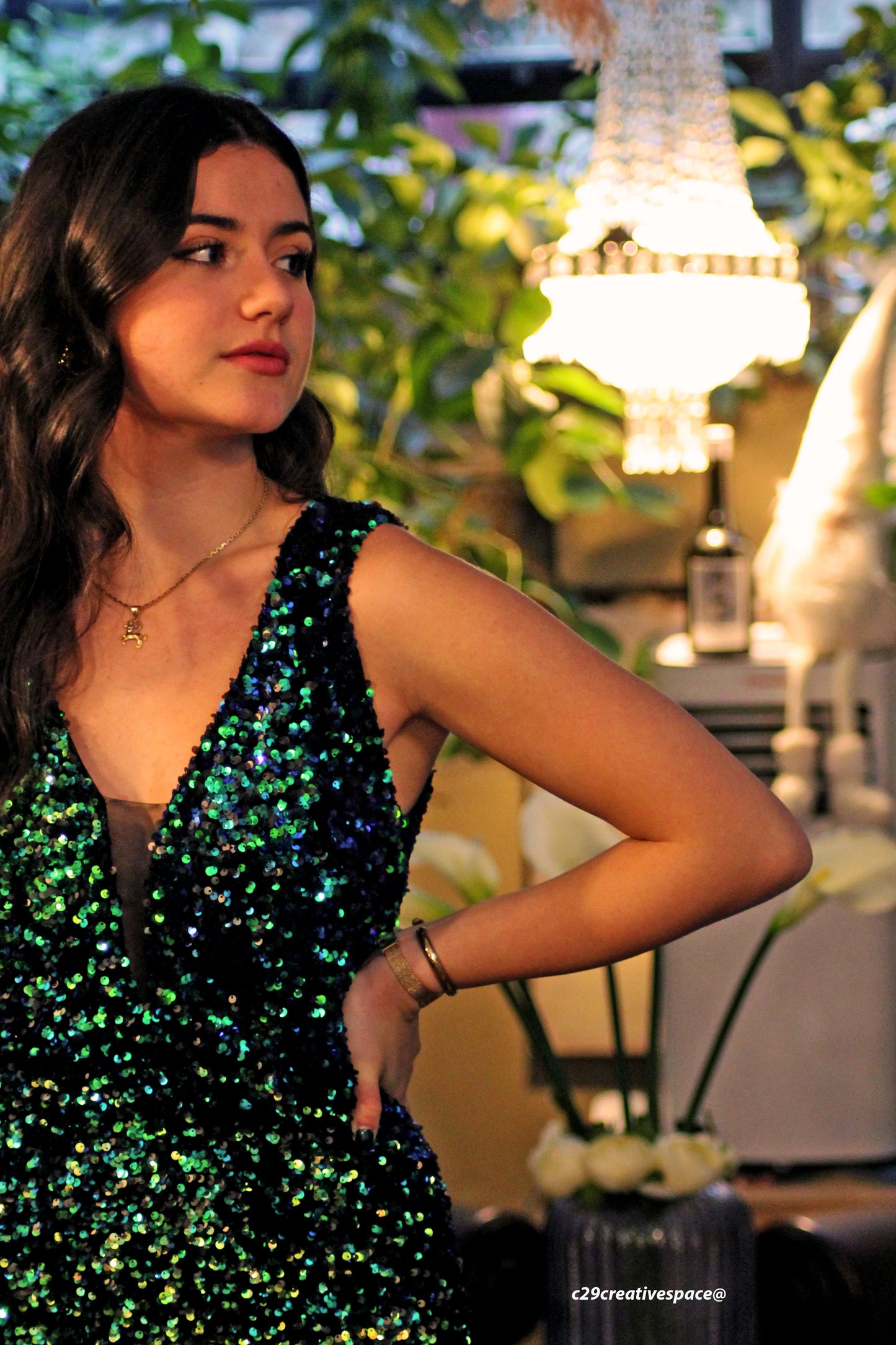 Vestito Corto Pailettes Verde e Argento
