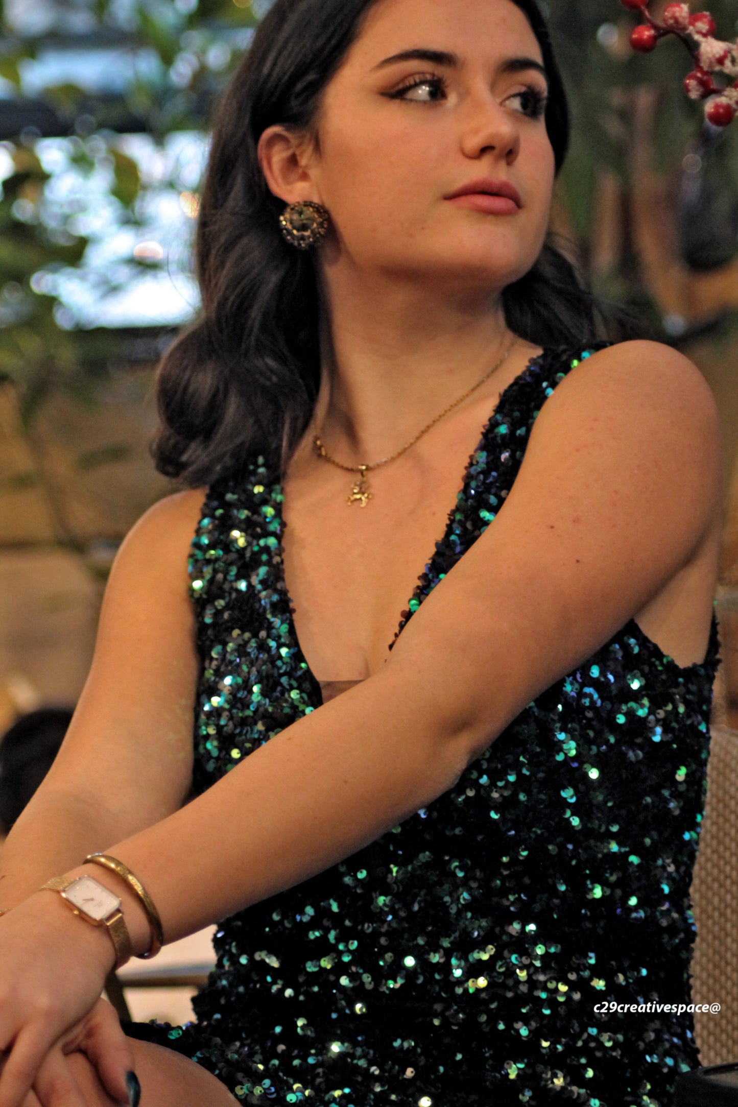 Vestito Corto Pailettes Verde e Argento